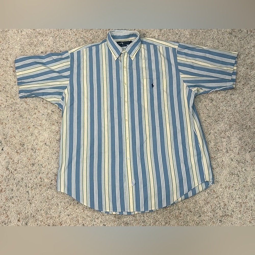 Ralph Lauren Shirt Mens XL Blue/Yellow Striped Woven Cotton Polo Horse Logo